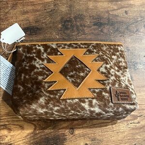 Brown Cowhide Cosmetic Bag with Western Accent
